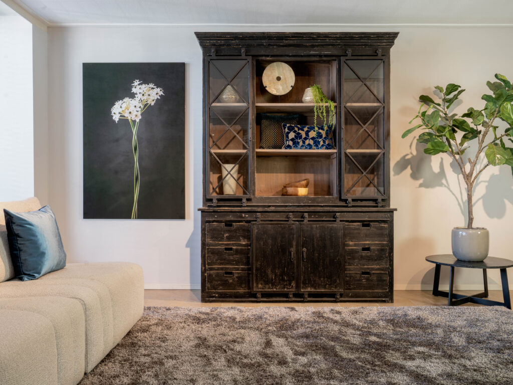 zwarte vitrinekast met glazen schuifdeuren